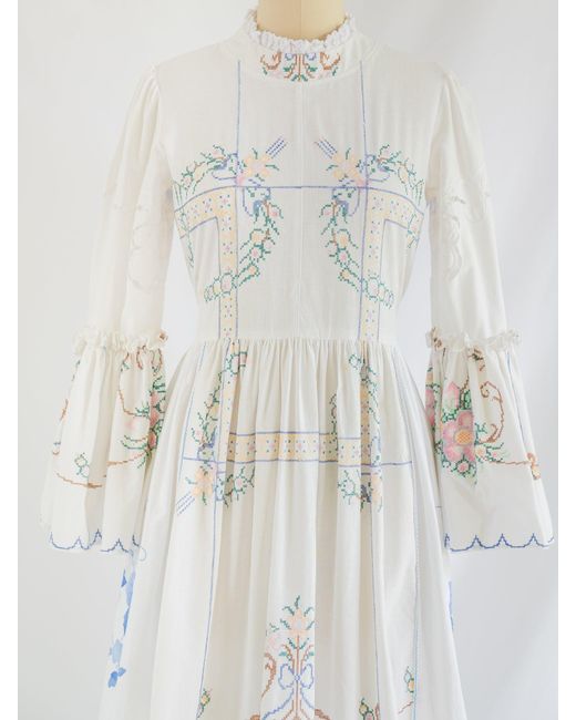 Sugar Cream Vintage White Re-design Upcycled Cross-stitch Embroidery Maxi Dress