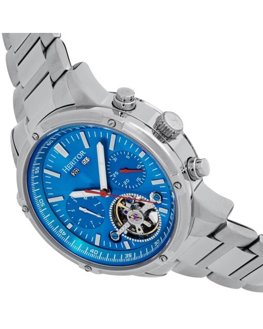 Heritor Blue Wilhelm Semi-skeleton Bracelet Watch With Day And Date for men
