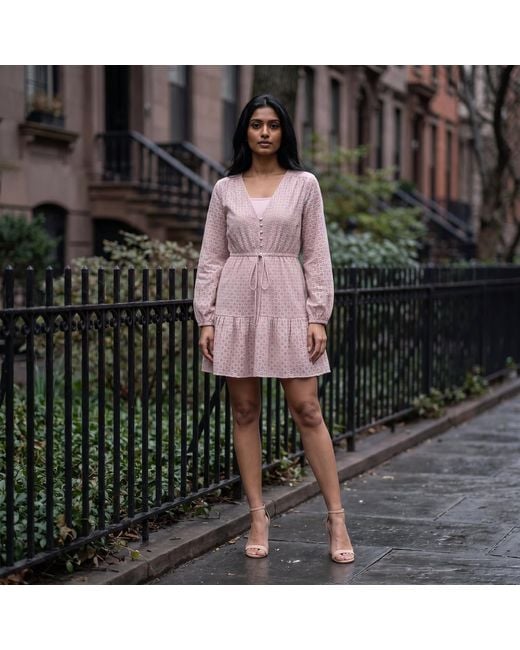 Modenaire Pink Polka Dot Embroidered Lace Dress With V-Neck And Tie Waist