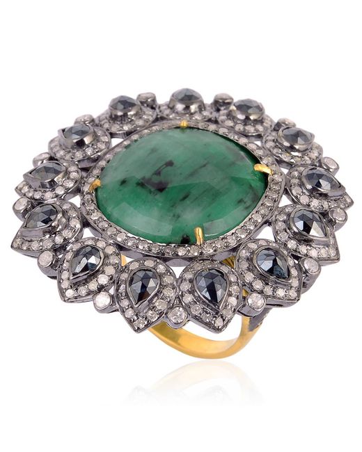 Artisan Green Emerald & Pear Spinel Pave Diamond Cocktail Ring In 18k Gold 925 Sterling Silver