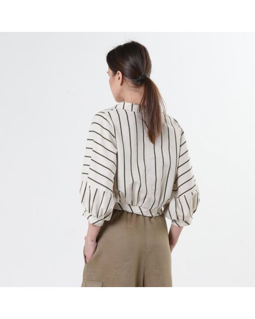 Metamorph White Oversize Linen Short Top On Khaki Stripes