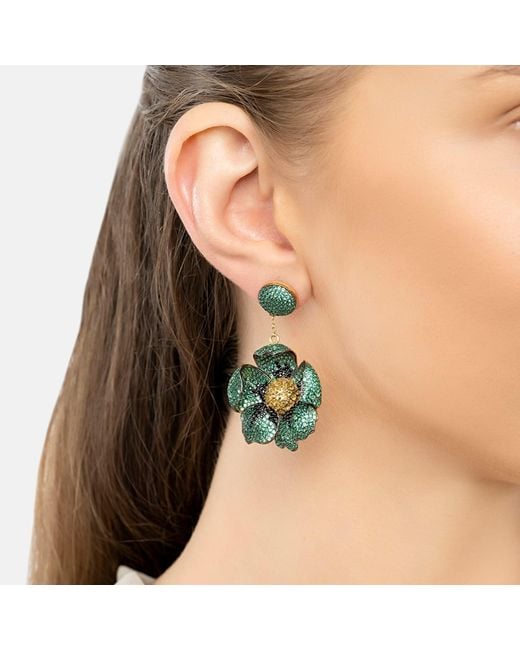 Latelita London Green Poppy Flower Drop Earrings Emerald