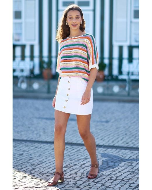 Yumi' White Cotton Stretch Mini Skirt With Button Details