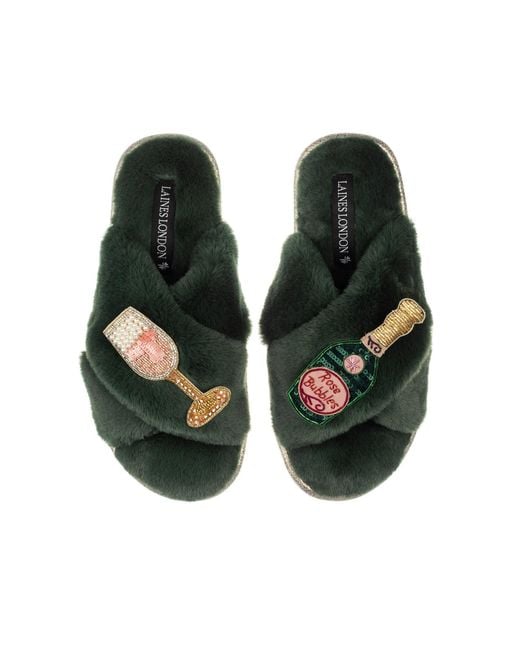 Laines London Green Classic Laines Slippers With Champagne & Glass Brooches
