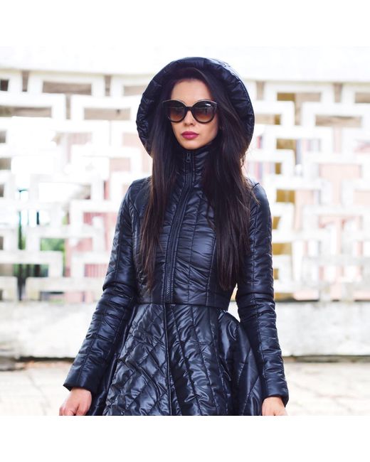 Adrenaline Fashion Blue Short Puffer Coat Quilted Winter Jacket With Hood And Belt Flared Elegant Outerwear