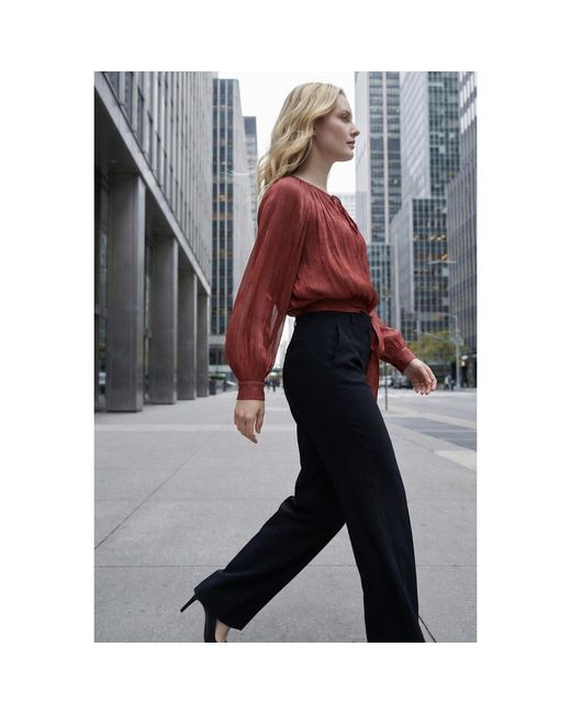 Modenaire Brown Gathered Tie-Neck Blouse With Blouson Silhouette And Waist Tie