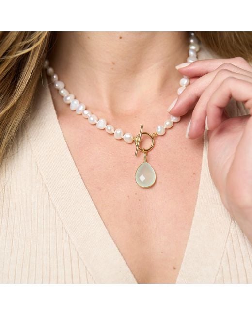 Pearls of the Orient Online Metallic Clara Cultured Irregular Freshwater Pearl Necklace With Aqua Chalcedony Vermeil Drop