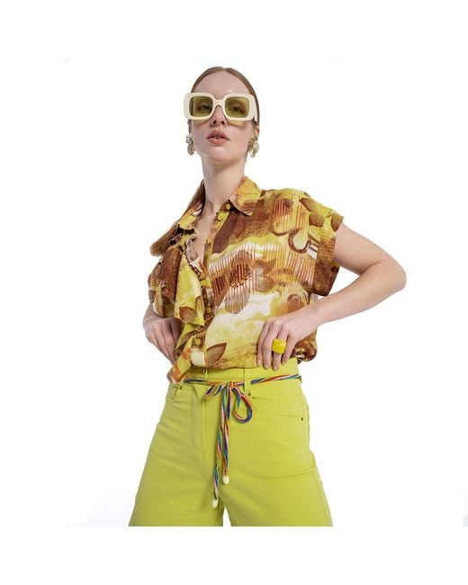 Lalipop Design Yellow Abstract Floral Viscose Short-Sleeve Shirt