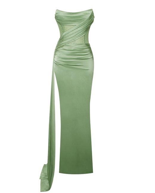 Miss Circle New York Green Holly Basil Crystallized Corset High Slit Satin Gown
