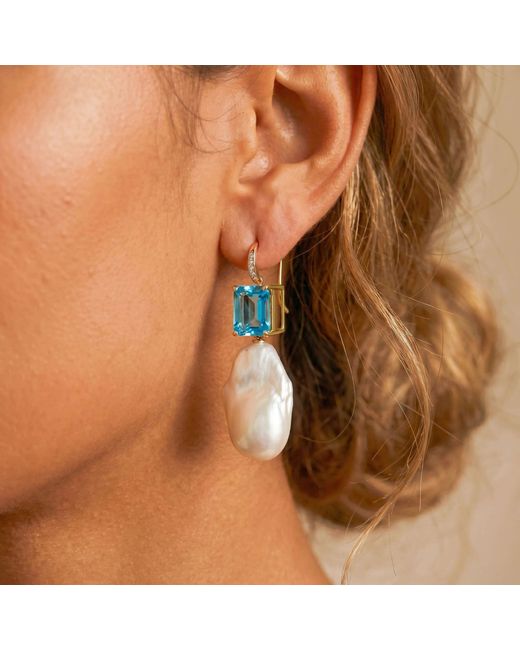 Kai Fine Jewelry Blue Solid Natural Emerald-Cut Topaz, Diamond & Baroque Pearl Convertible Drop Earrings
