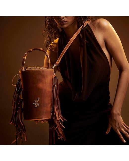 F3Rog by Rana Brown Light Fringe Crossbody Bucket Bag