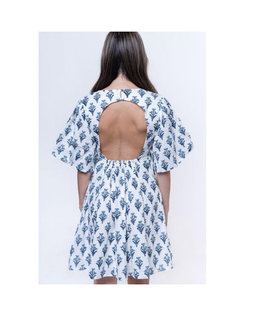 House of Gl Blue Soreia Hand-Block Printed Cotton Fit & Flare Dress With Open Back