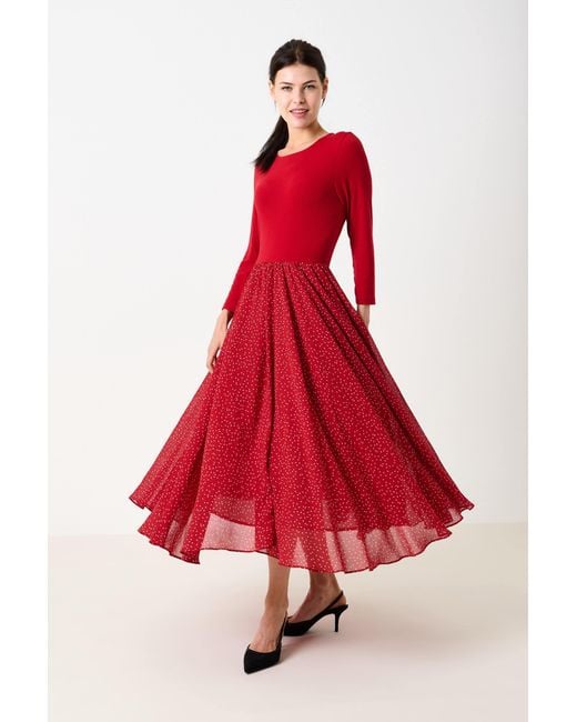 Louche Red Huxley Raindrop Jersey Top Printed Circle Skirt Midaxi Dress