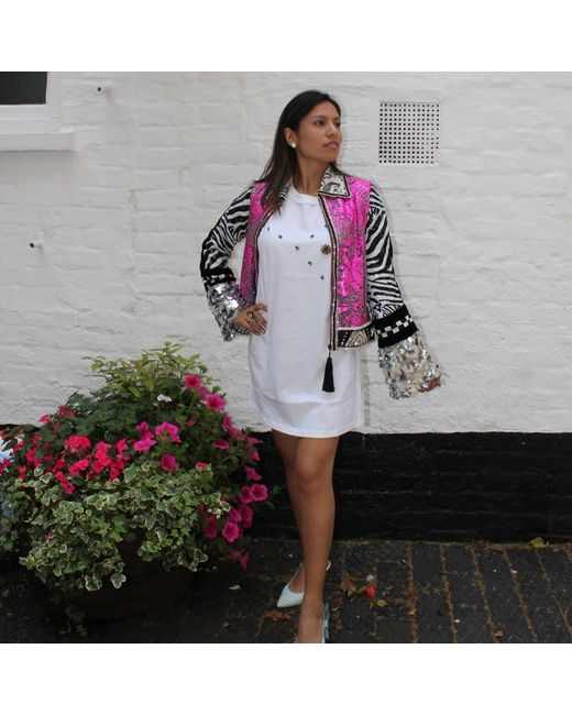 Boutique Kaotique Pink Handmade Moroccan Zebra Sequins Jacket
