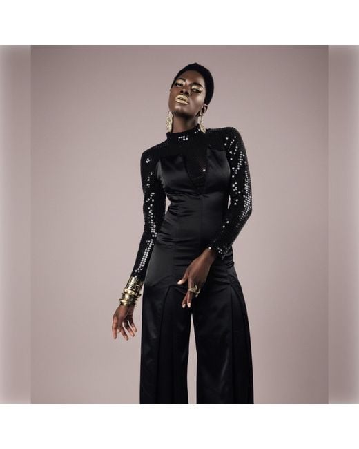 Imaatu Black Scarface Jumpsuit Sculpting Satin Corset Extreme V-Neckline Wide Leg Trousers Tie