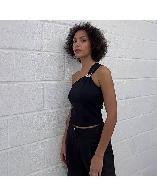 London Atelier Byproduct Black One Shoulder Top With Brooch
