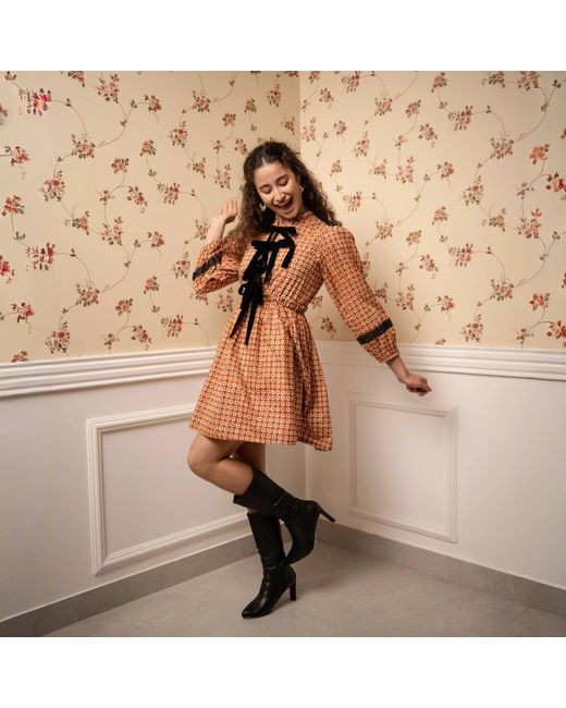 Echo of Pink Orange Amelie Hand Block Print Mini Cotton Dress