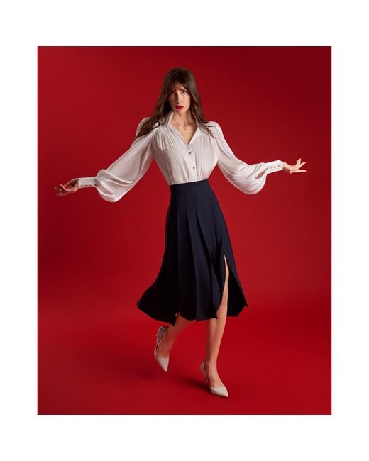 Femponiq Blue High-Waisted Pleated Midi Skirt With Asymmetric Slits