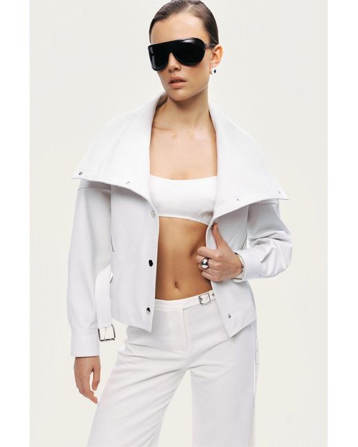 Nocturne White High-Neck Belted Jacket