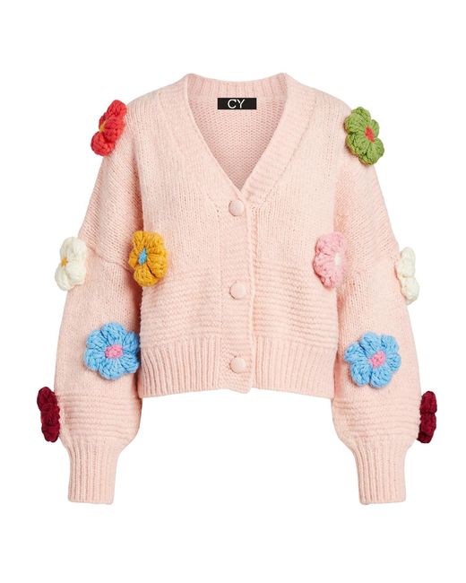 Cy Boutique Pink Chunky Hand-Knit Floral Pattern Cardigan Cozy Oversized Fit