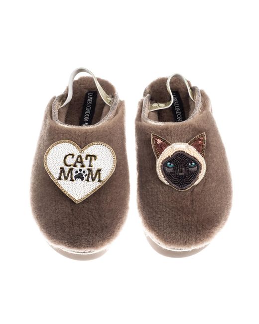 Laines London Brown Neutrals Flatform Cloud Slippers With Siamese Cat & Cat Mum Mom Brooches