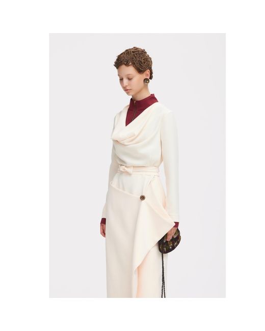 Julia Allert Natural Neutrals Two-Tone Asymmetric Draped High-Neck Midi Dress – Ivory
