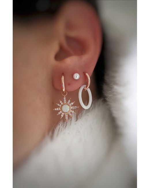 Spero London Pink Drop Hoop Sun White Opal Earring Sterling Silver