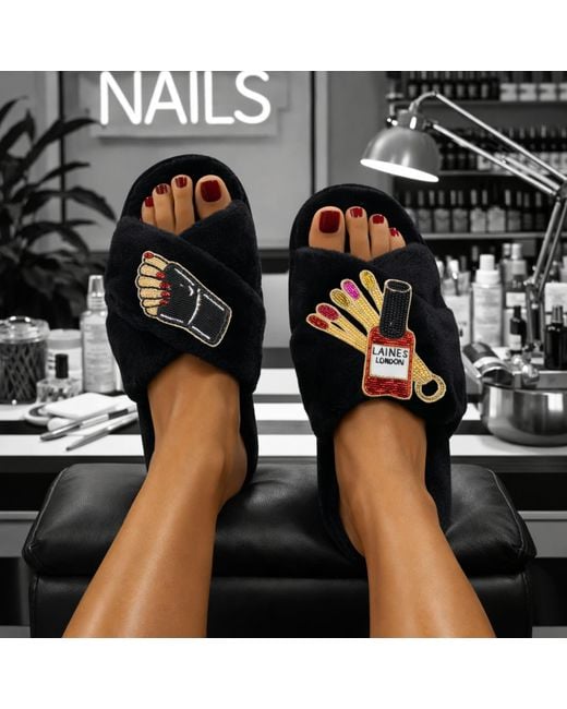 Laines London Black Classic Laines Slippers With Nail Tech Brooches