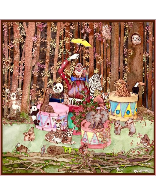 Wenzi Multicolor Neutrals The Forest Circus Hand Painted Mulberry Silk Square Scarf
