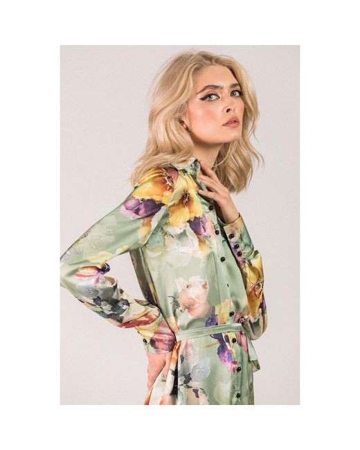 AVENUE No.29 Green Floral Print Satin Shirt Dress