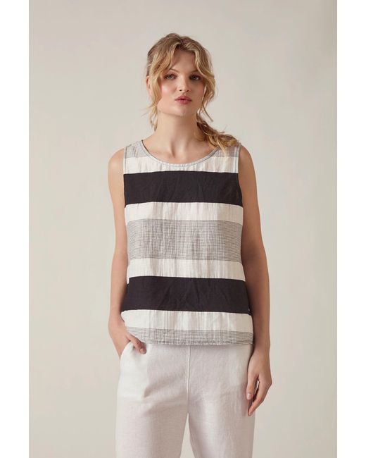 James Lakeland Black Striped Linen Blend Sleeveless Button-Back Top