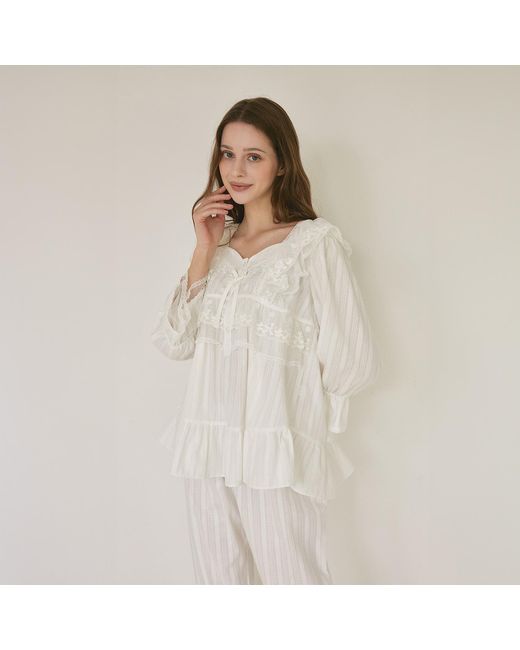Luna Luz White Angelring Cotton Embroidered Square-Neck Long-Sleeve Pajama Set