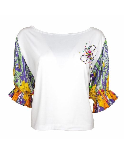 Lalipop Design Blue White Blouse With Pleated Sleeves & Embroidery Details