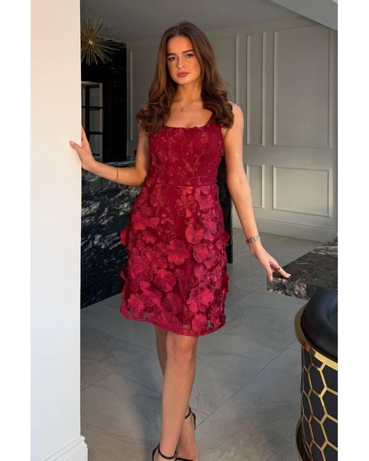 Girl In Mind Red Celeste Floral Square Neck Mini Dress Berry