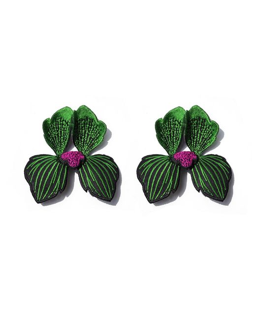 Nana Watanabe Green Click Flora Folded Dimensional Embroidered Earrings
