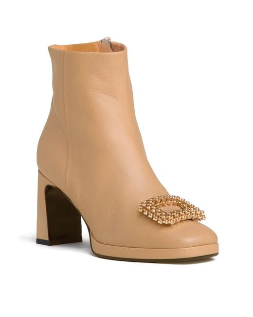 Beautiisoles by Robyn Shreiber Made in Italy Brown Neutrals Scarlet Leather Bootie With Rhinestones Comfortable & Dressy For Evening