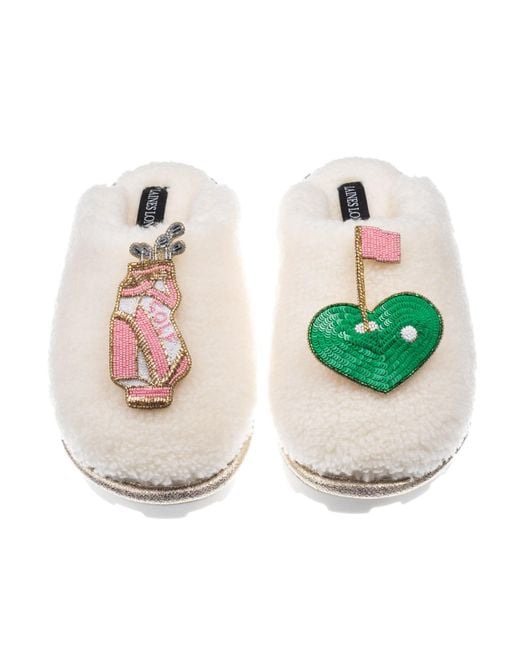 Laines London White Teddy Closed Toe Slippers With Golf Lover Brooches