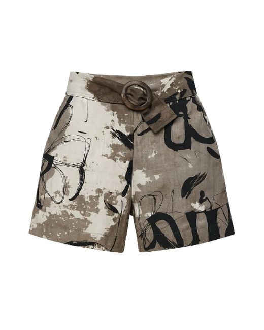 Conquista Multicolor Art-Print Linen-Blend Belted Shorts