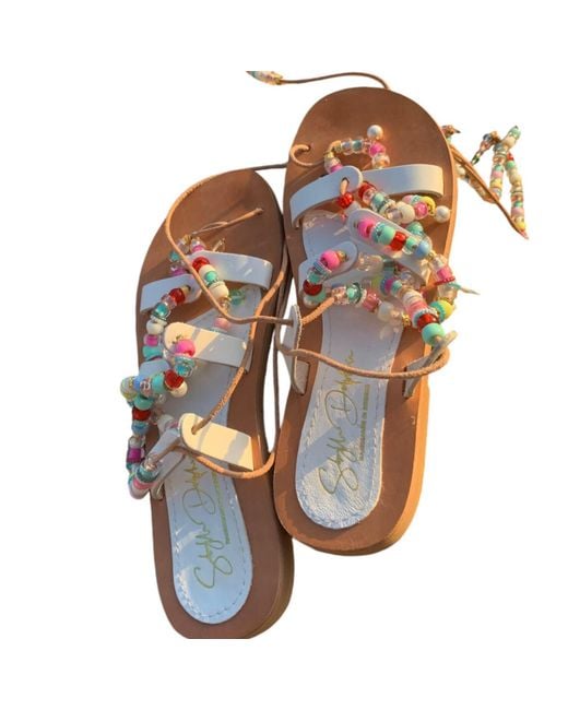 Sibylla Delphica White Neutrals Leather Sandals With Beads