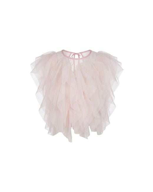 Modenaire Pink Sheer Tulle Blouse With Cascading Ruffles