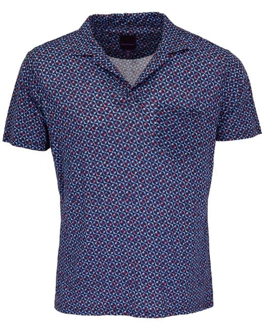 Lords of Harlech Blue Bobby City Geo Merino Jersey Collared Shirt for men