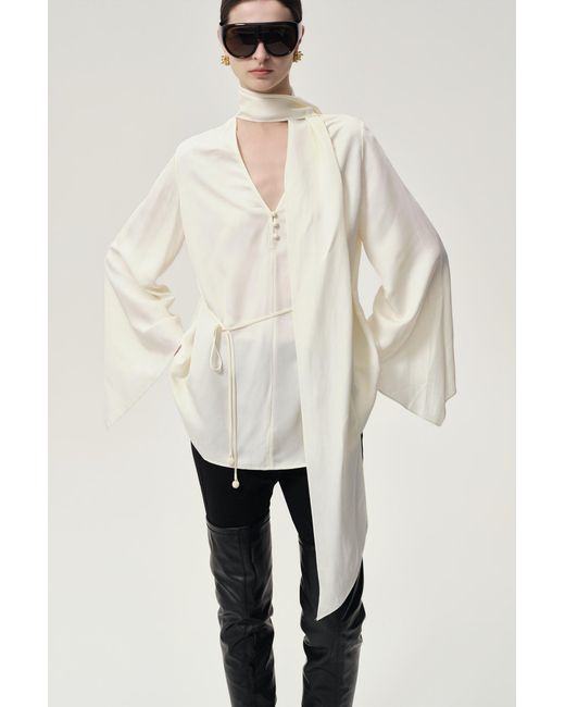 FRONT ROW SHOP White Reversible Scarf Blouse Ecru
