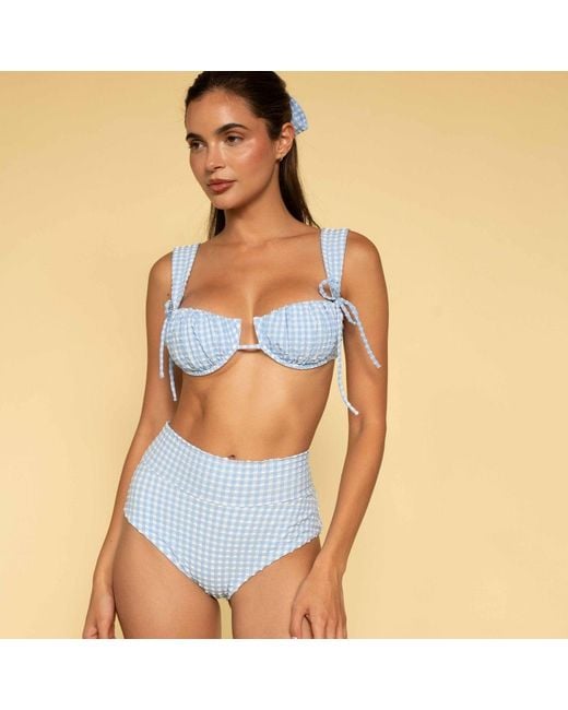 Montce Blue Peri Micro Gingham Petal Wide Straps Bikini Top