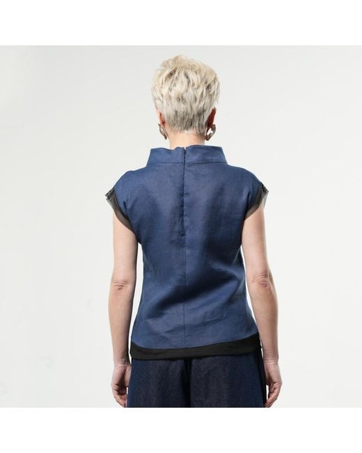 Metamorph Blue Turtleneck Linen Top