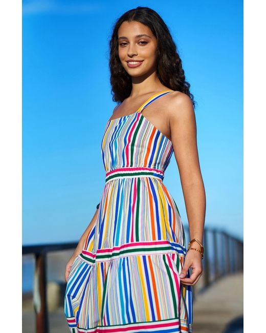 Yumi' Blue Multicolour Stripe Cotton Midi Sun Dress