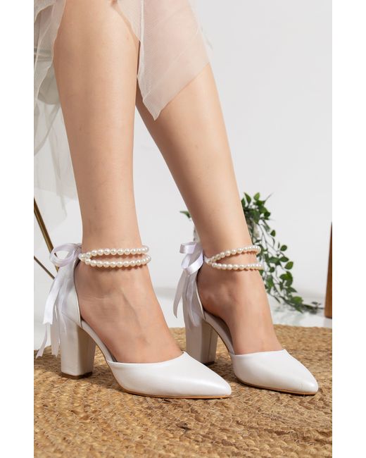 Forever & Always Shoes White Gilda Ivory Leather Bridal Heels With Pearls