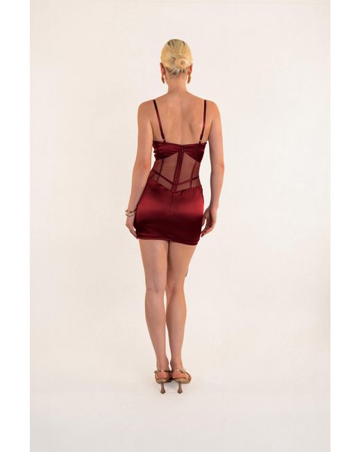 Clerestory Red Amarante Ruched Mesh-Waist Mini Dress