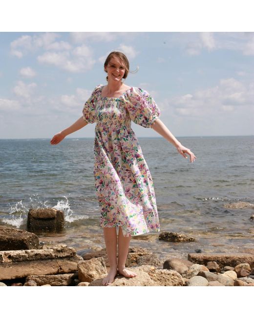 Jessie Zhao New York Blue Garden Smocked Cotton Silk Dress