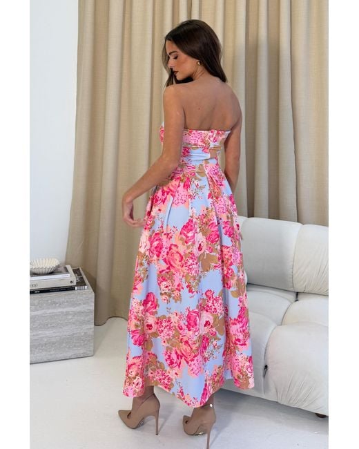 Girl In Mind Pink Danni Strapless Bandeau Midi Dress Floral