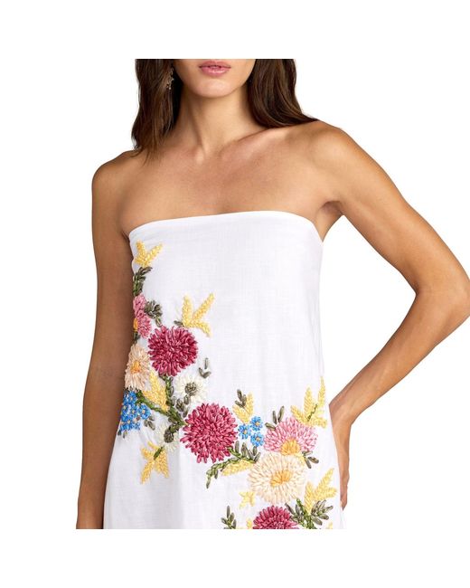 Mac Duggal White Strapless Floral Embroidered Linen Gown